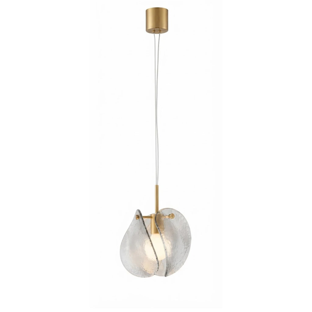Modern Brass and Smoked Grey Layered Wave Disc Art Glass Single Pendant Light with Gold Canopy on Pure White Background
