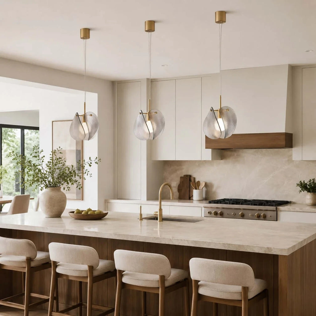 Modern Brass Layered Wave Disc Pendant Lights Over Breakfast Bar