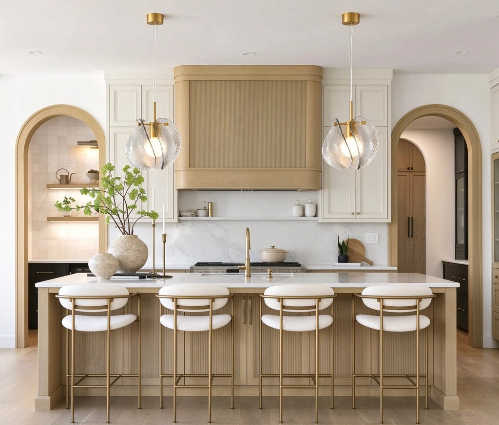 Modern Brass Layered Wave Disc Pendant Lights in Elegant Kitchen Area