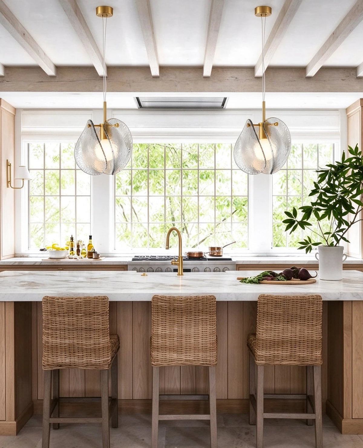 Modern Brass Layered Wave Disc Pendant Lights in Modern Kitchen Setting
