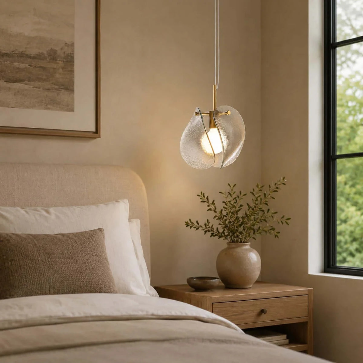 Modern Smoked Grey Wave Disc Art Glass Pendant Light in Master Bedroom Setting