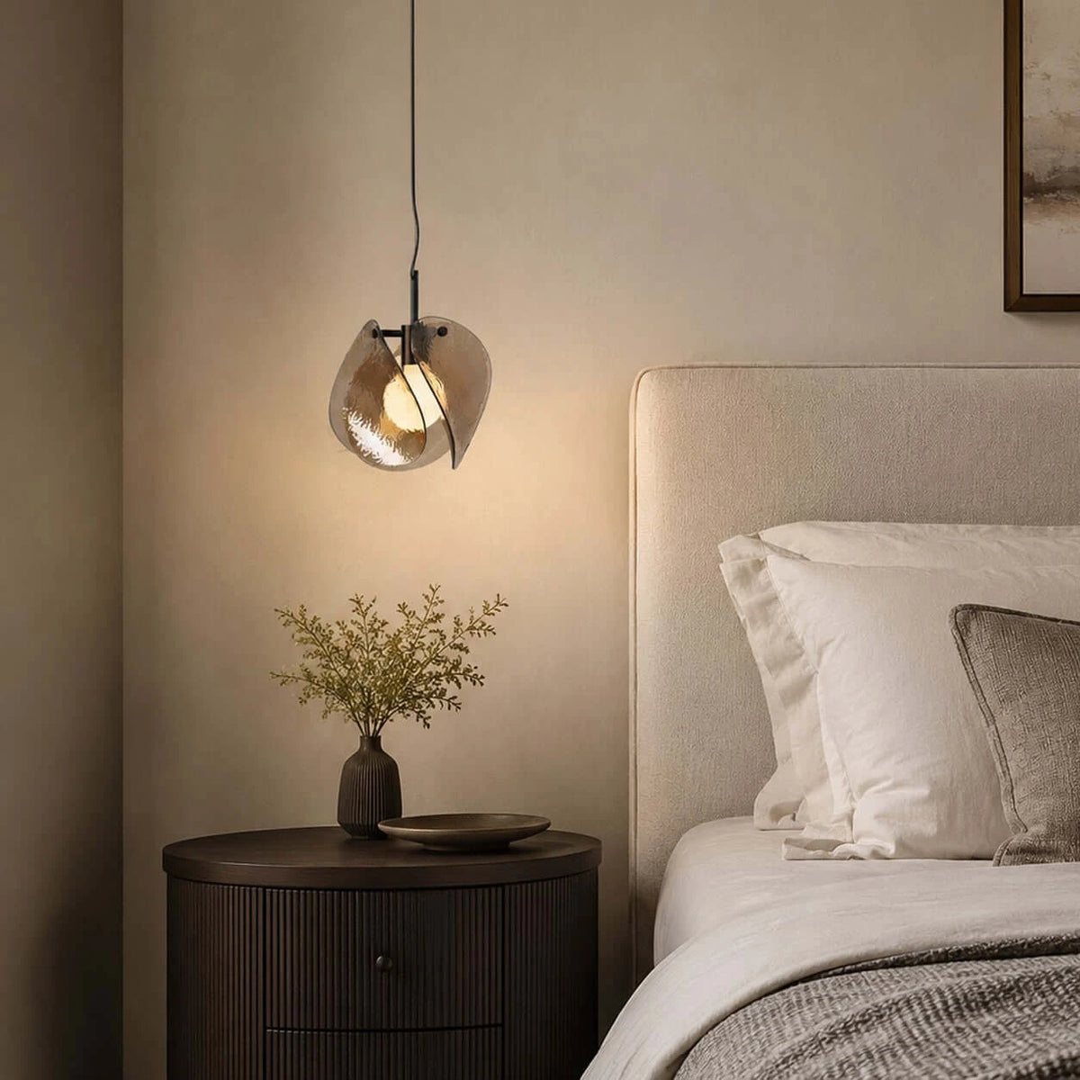 Modern Brass Layered Wave Disc Pendant Light Over Bedroom Side Table