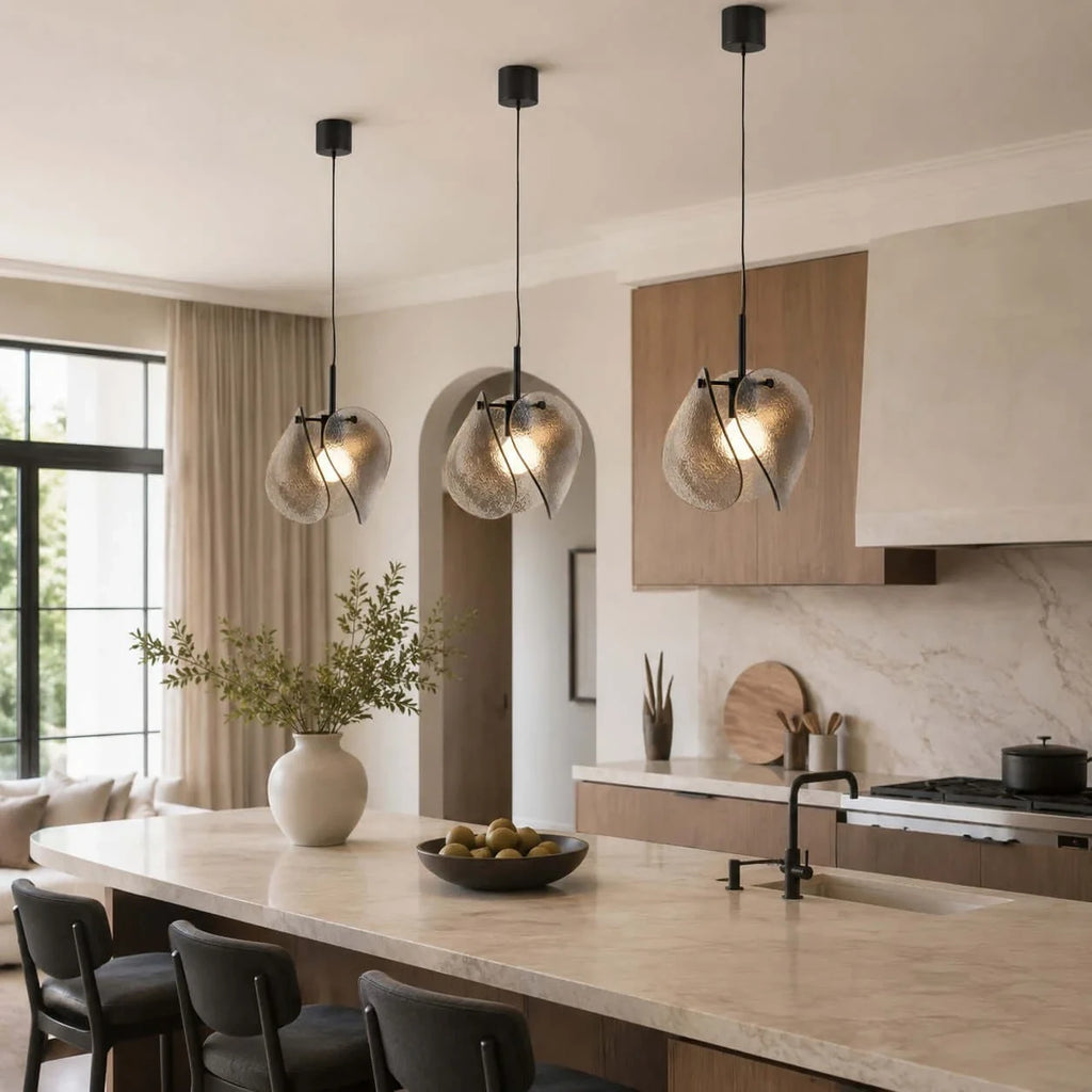 Modern Smoked Grey Layered Wave Disc Art Glass Pendant Lights in Open Plan Kitchen Dining