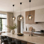 Modern Smoked Grey Layered Wave Disc Art Glass Pendant Lights in Open Plan Kitchen Dining