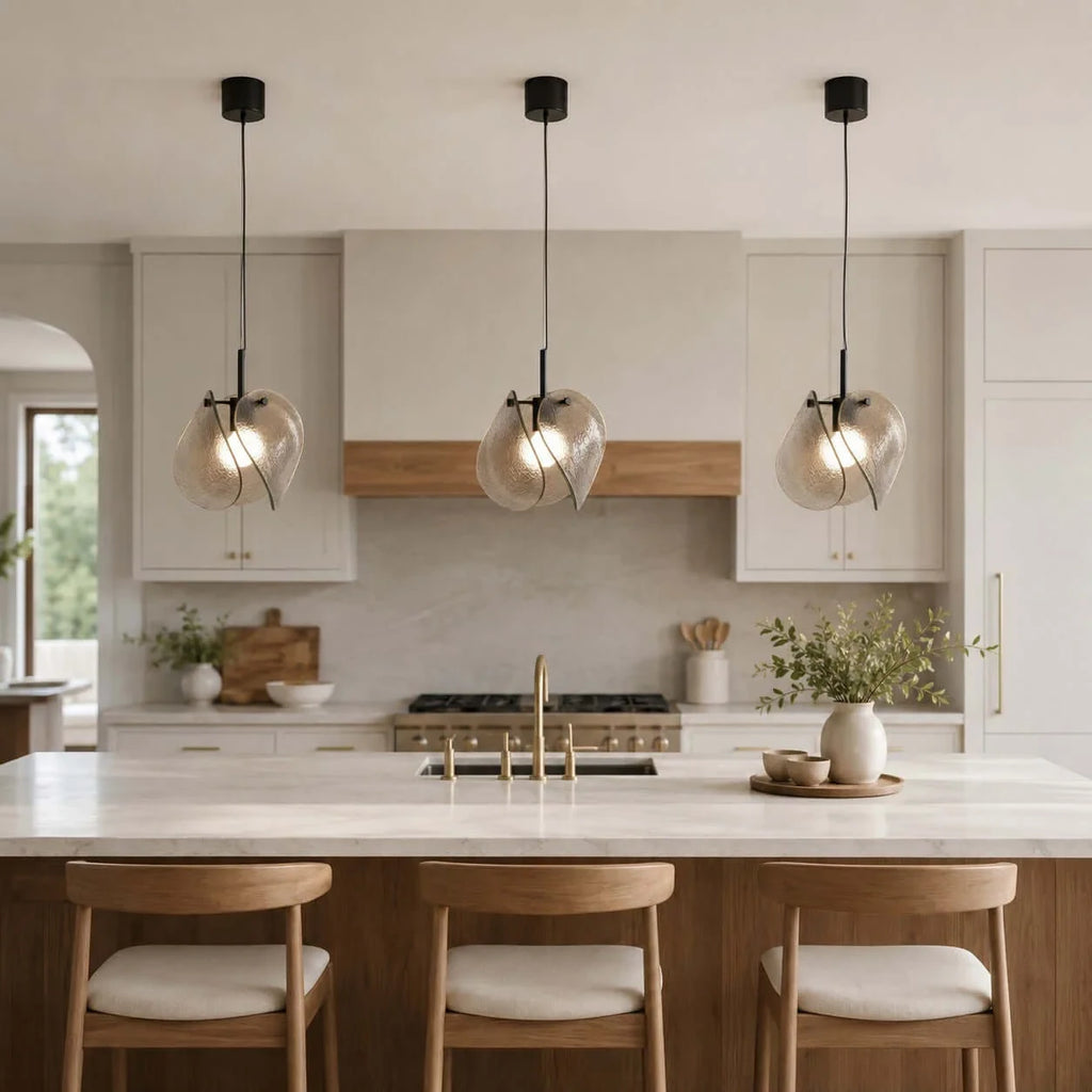 Modern Brass Layered Wave Disc Pendant Lights Over Kitchen Island