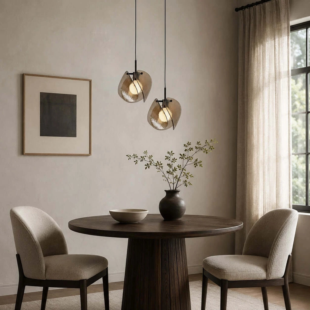 Modern Smoked Grey Wave Disc Art Glass Pendant Light Over Round Dining Table