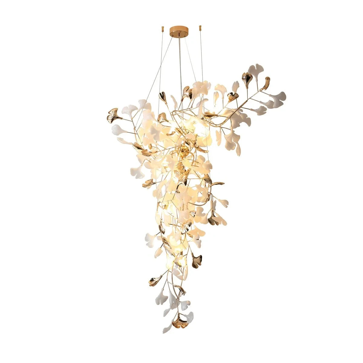 Modern Grand Luxury Gold Branch and White Ginkgo Leaf Chandelier on Pure White Background