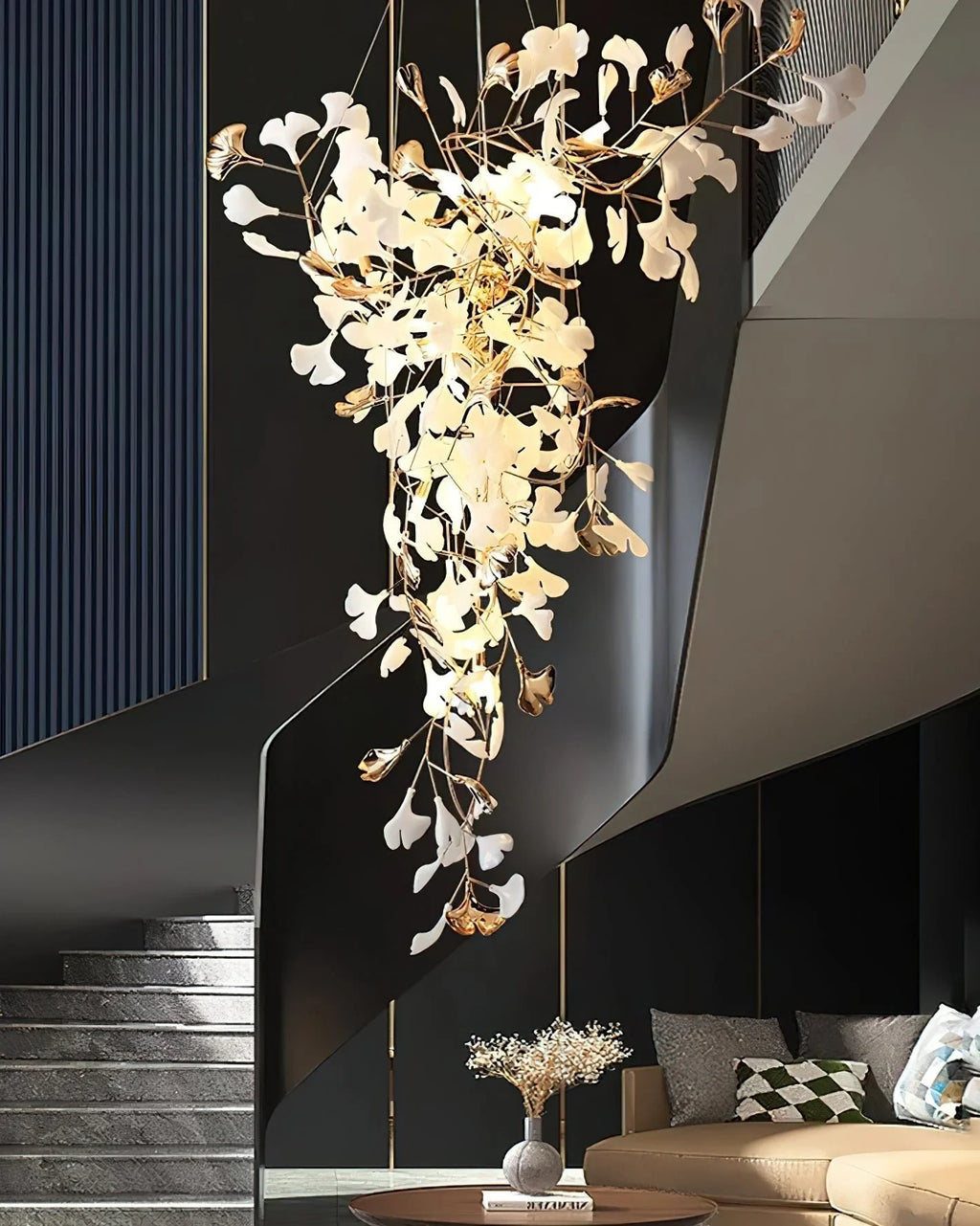 Modern Grand Luxury Chandelier in Open Stairway Interior