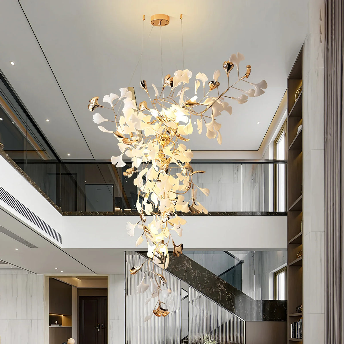 Modern Cascading Ginkgo Leaf Chandelier in Vaulted Ceiling Space