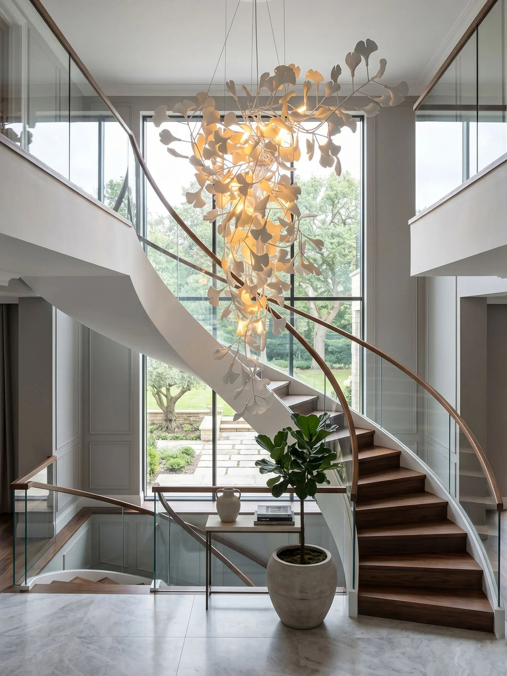 Modern Gold Branch Chandelier in Spacious Architectural Foyer
