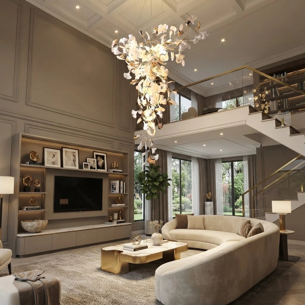 Modern Gold Branch and Ginkgo Leaf Chandelier in Contemporary Living Space
