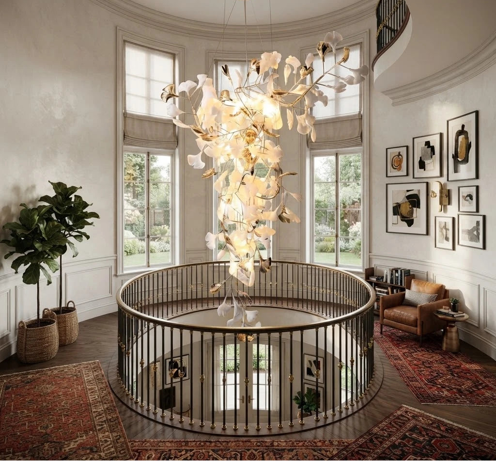 Modern Grand Luxury Ginkgo Leaf Chandelier in Vaulted Foyer
