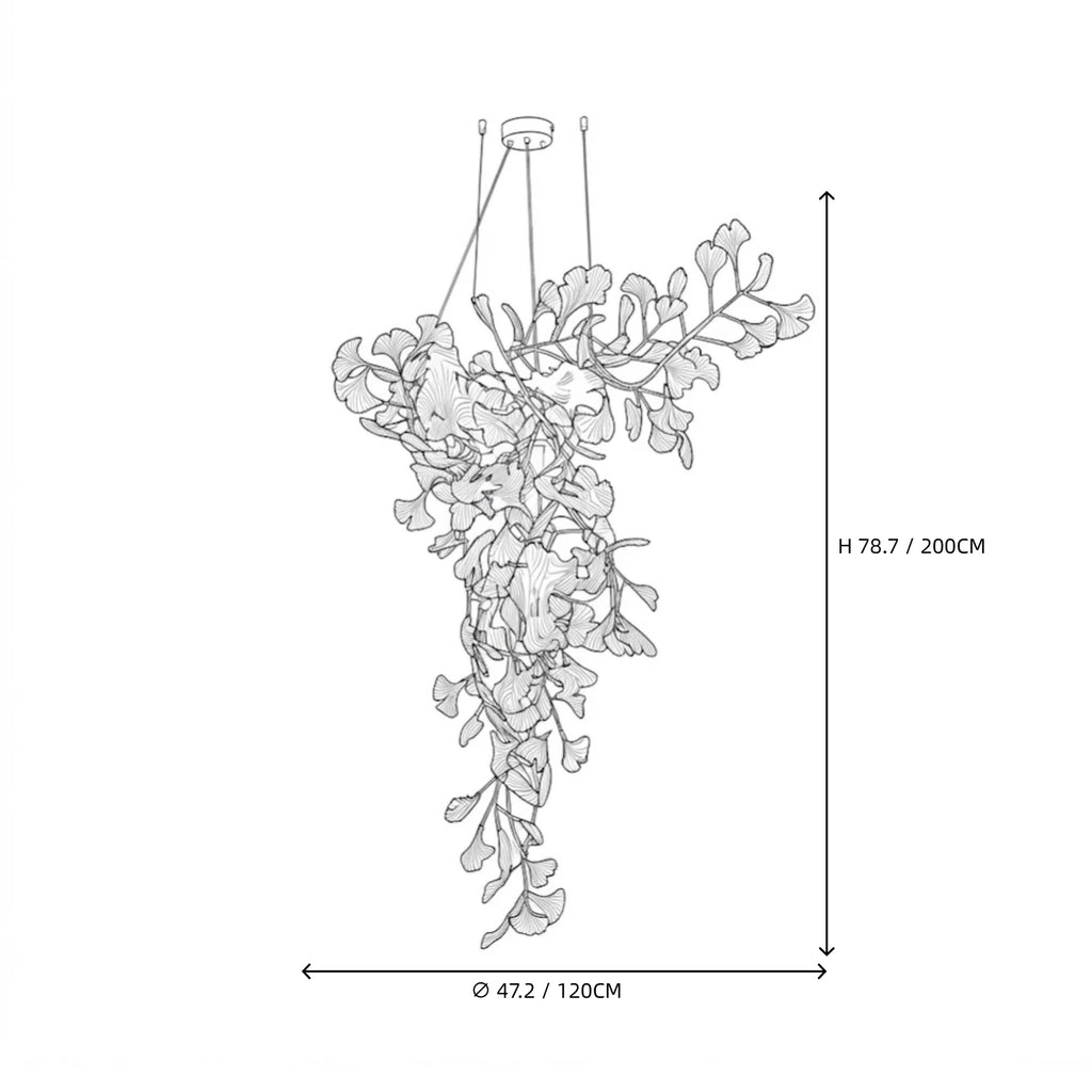 Modern Grand Luxury Ginkgo Leaf Chandelier Line Art Dimension Diagram
