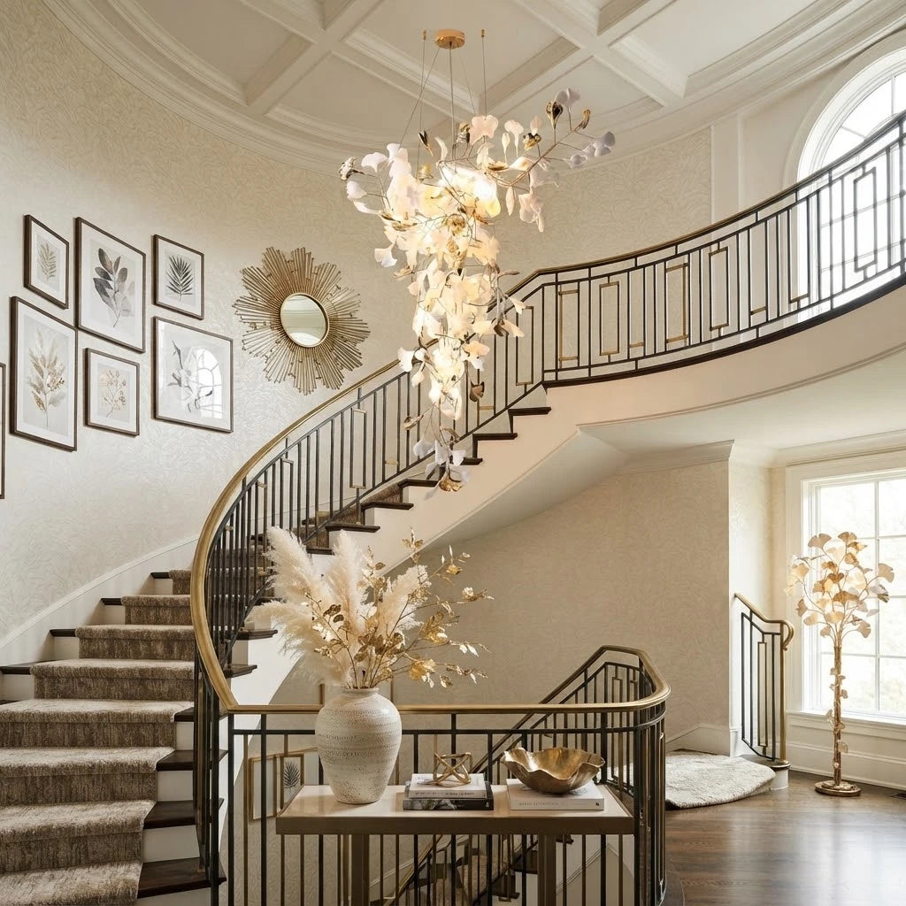 Modern Gold Branch Chandelier Along Grand Architectural Staircase