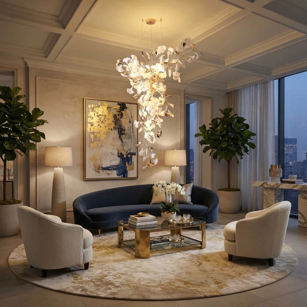 Modern Grand Luxury Ginkgo Leaf Chandelier in High Ceiling Living Room