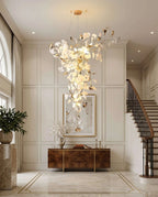 Modern Gold Branch and Ginkgo Leaf Chandelier in Grand Entryway Foyer