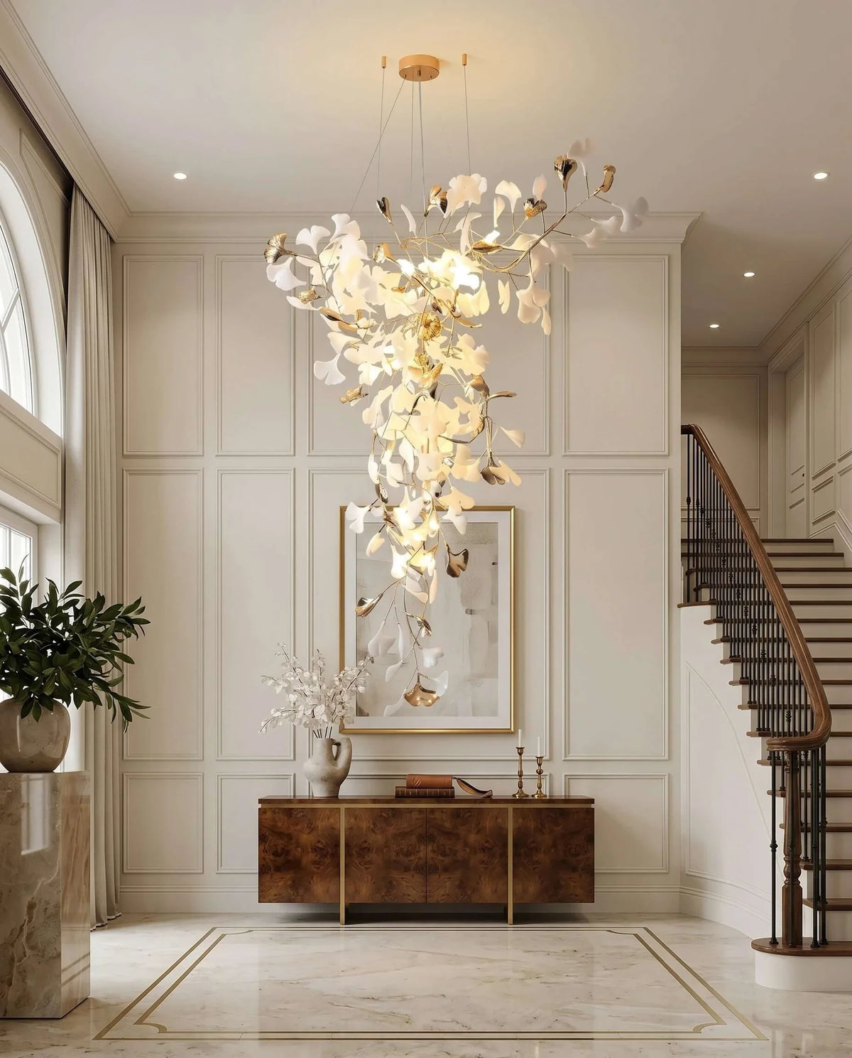 Modern Gold Branch and Ginkgo Leaf Chandelier in Grand Entryway Foyer