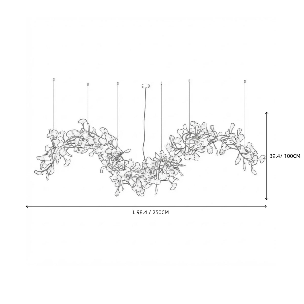 Modern Grand Linear Ginkgo Leaf Wave Chandelier Line Art Dimension Diagram