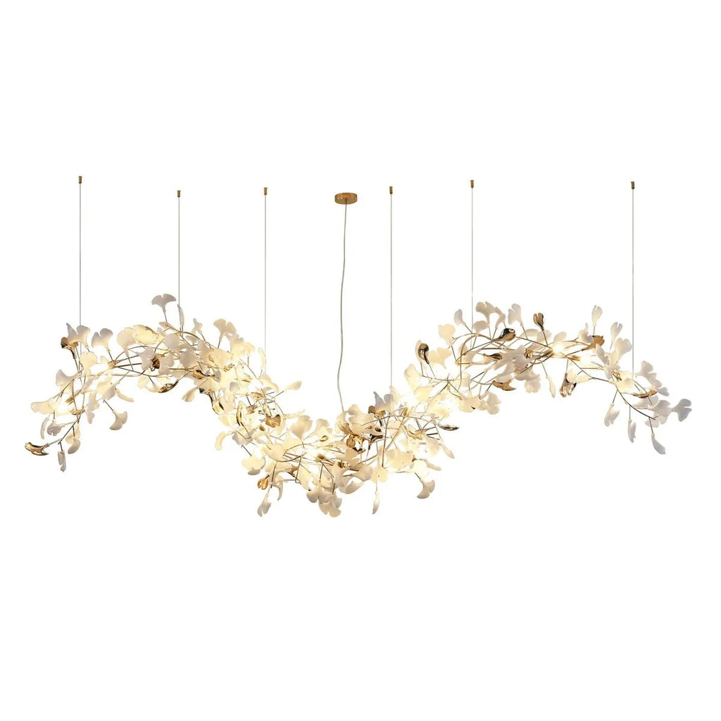 Modern Grand Linear Gold Branch and White Ginkgo Leaf Wave Chandelier on Pure White Background