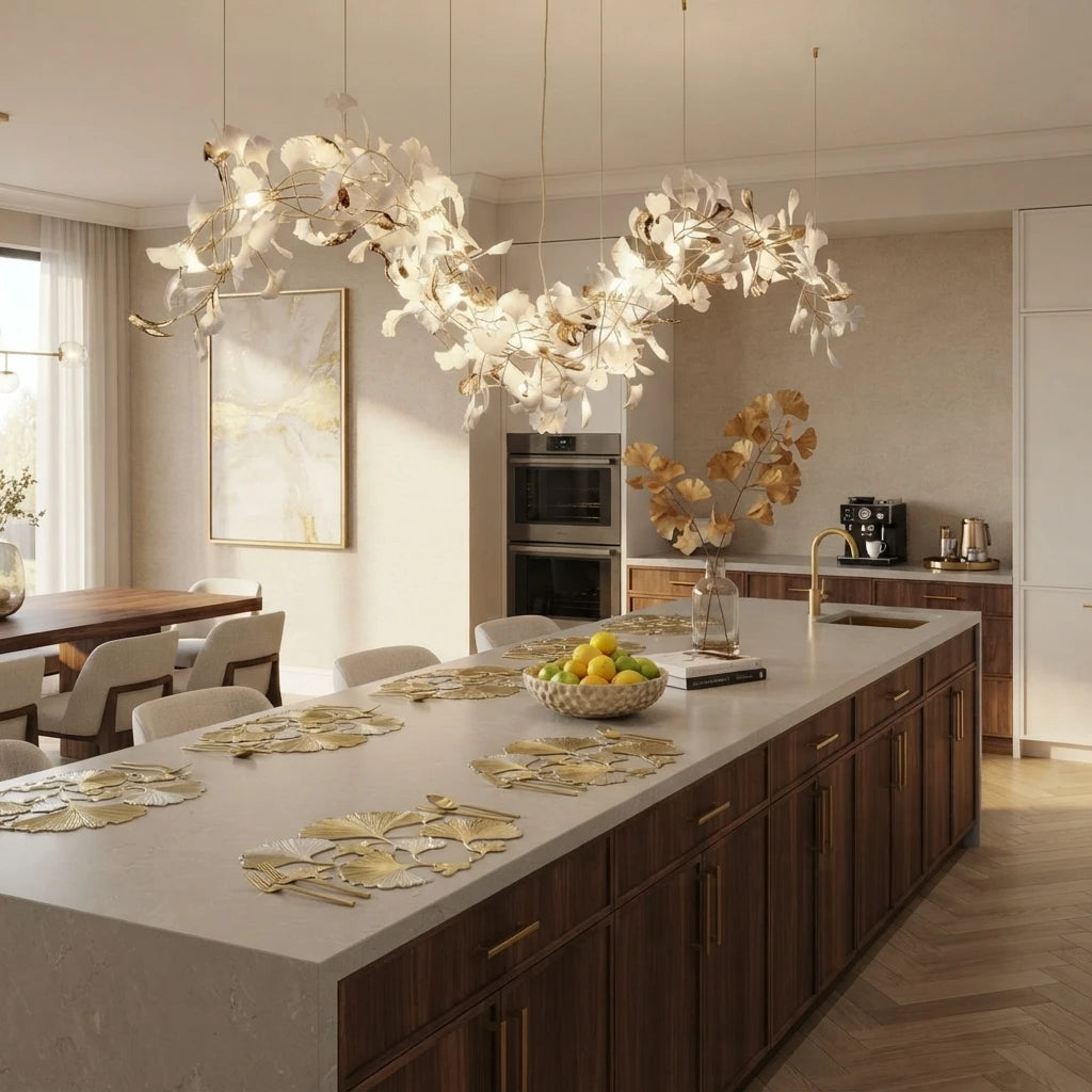 Modern Gold Branch Chandelier Over Kitchen Island