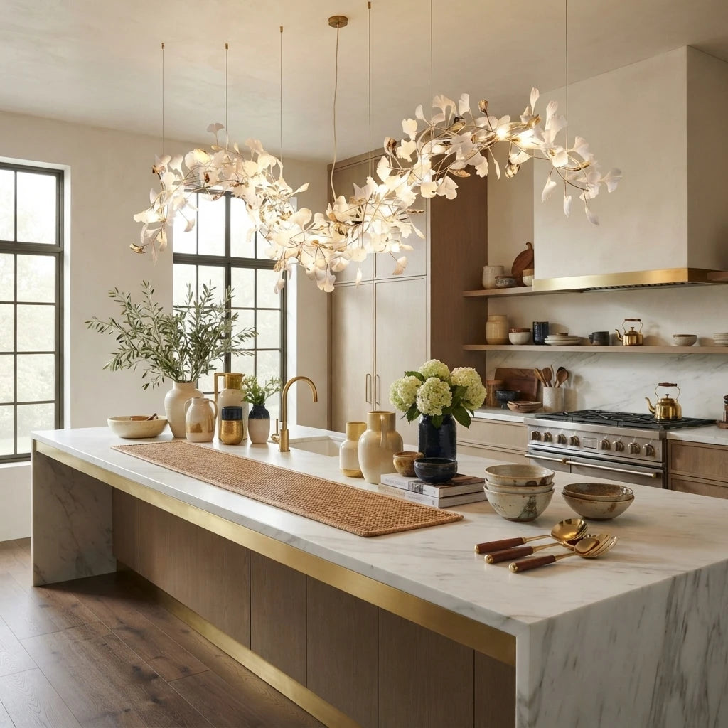 Modern Linear Ginkgo Leaf Chandelier in Open Kitchen Interior