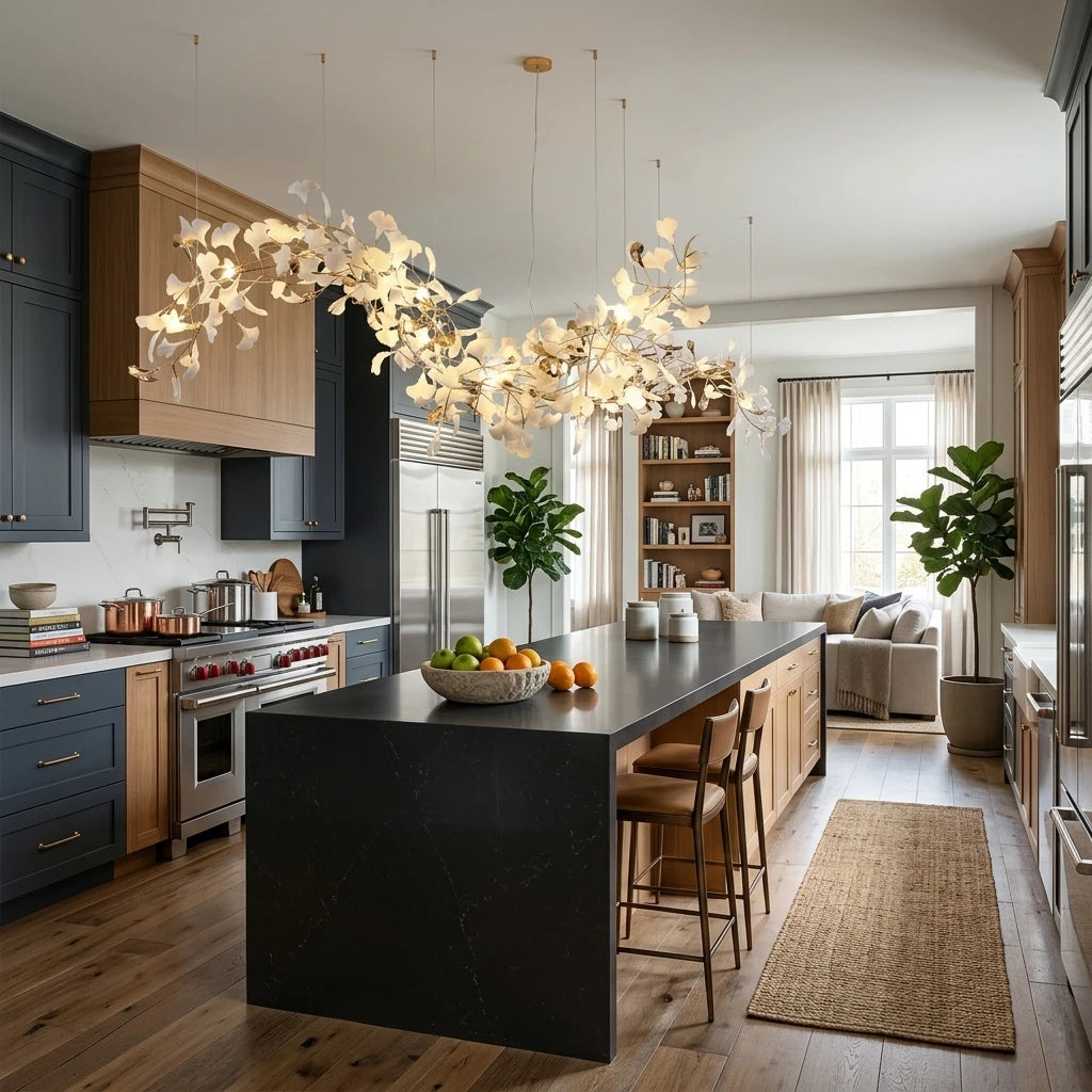 Modern Linear Gold Branch Chandelier in Modern Kitchen