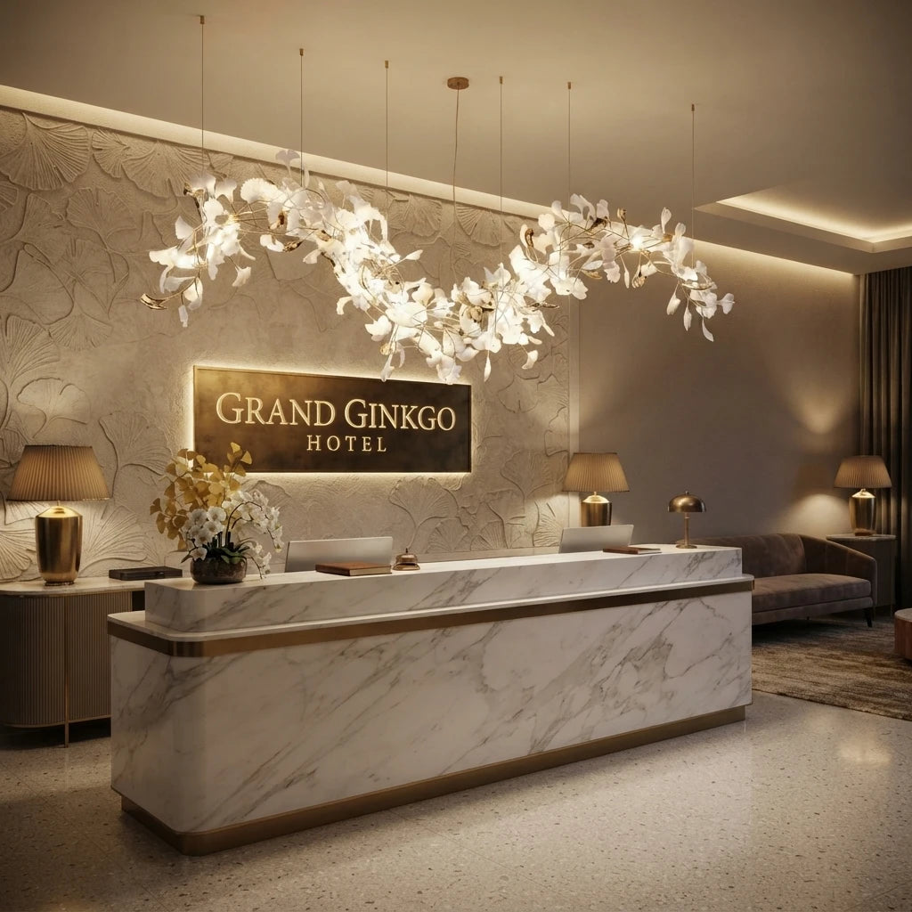 Modern Grand Ginkgo Leaf Wave Chandelier Over Reception Desk