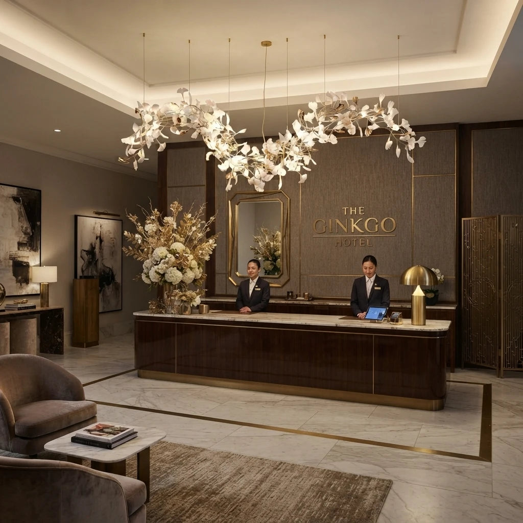 Modern Grand Linear Chandelier in Hotel Reception Lounge
