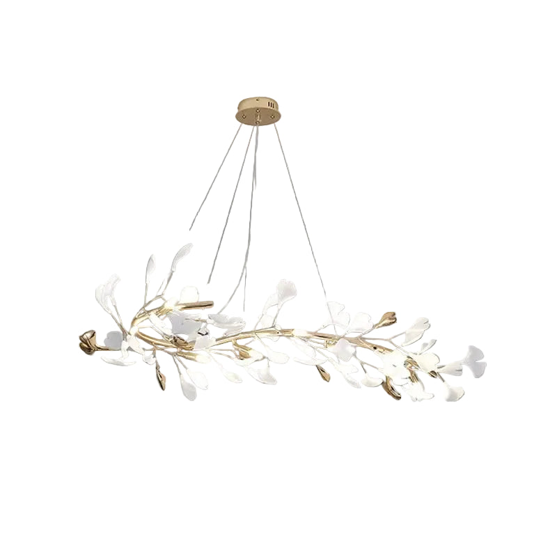 Modern Luxury Gold Branch and White Ginkgo Leaf Oval Chandelier on Pure White Background