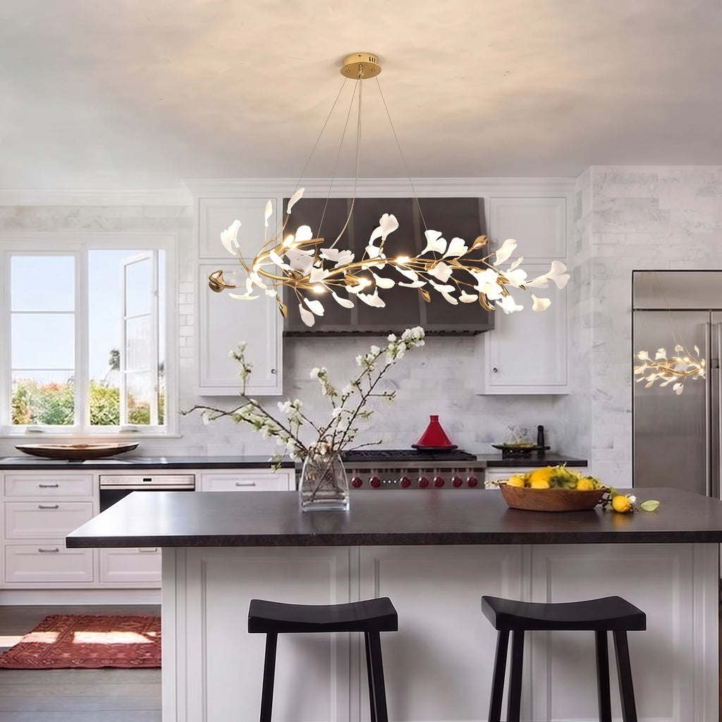 Modern Gold Ginkgo Leaf Chandelier Over Kitchen Counter