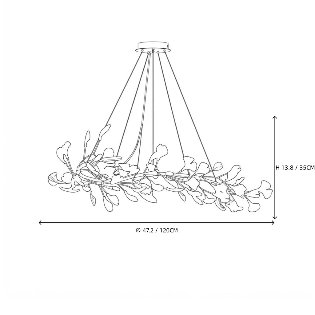 Modern Luxury Gold Ginkgo Leaf Oval Chandelier Line Art Dimension Diagram