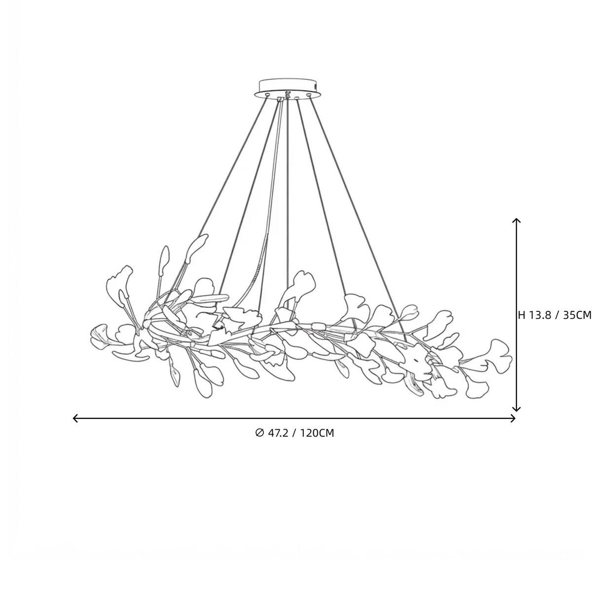 Modern Luxury Gold Ginkgo Leaf Oval Chandelier Line Art Dimension Diagram