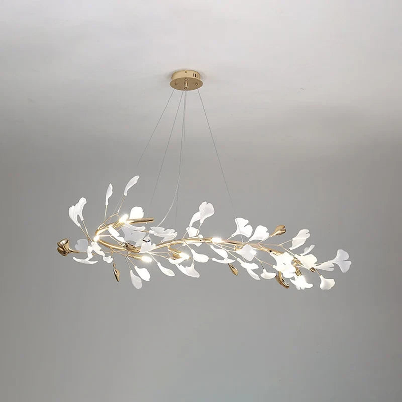 Illuminated Modern Gold Ginkgo Leaf Oval Chandelier Studio Shot