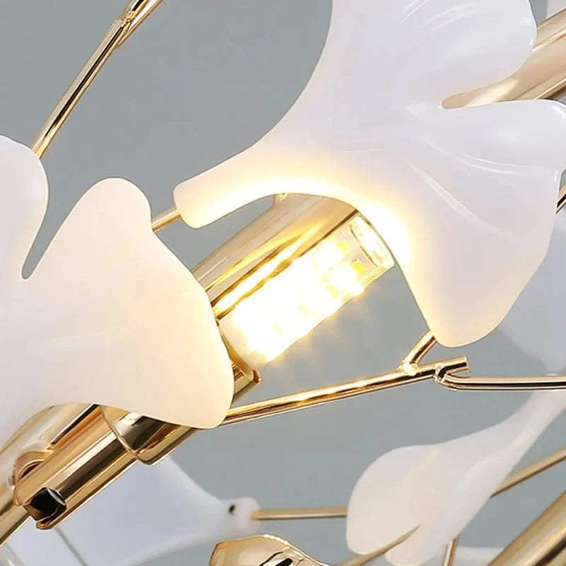 Detail View of Gold Branch Structure and Ginkgo Leaf Lighting Fixture