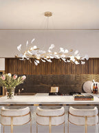 Modern Gold Ginkgo Leaf Oval Chandelier Over Kitchen Island