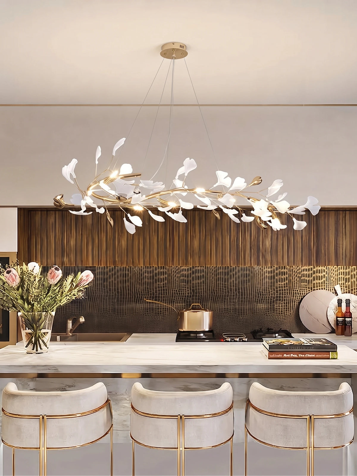 Modern Gold Ginkgo Leaf Oval Chandelier Over Kitchen Island