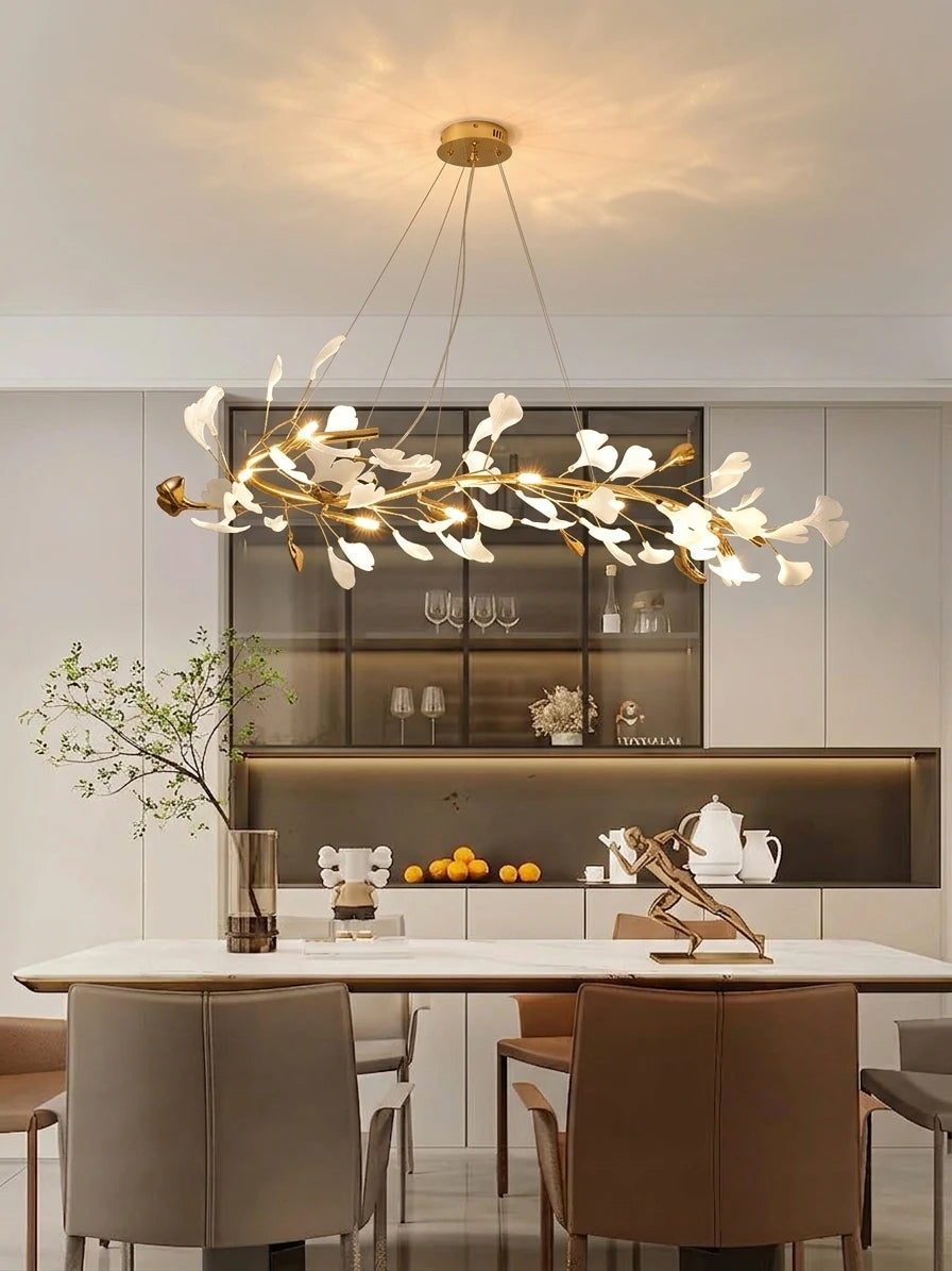 Modern Gold Ginkgo Leaf Chandelier in Contemporary Dining Area