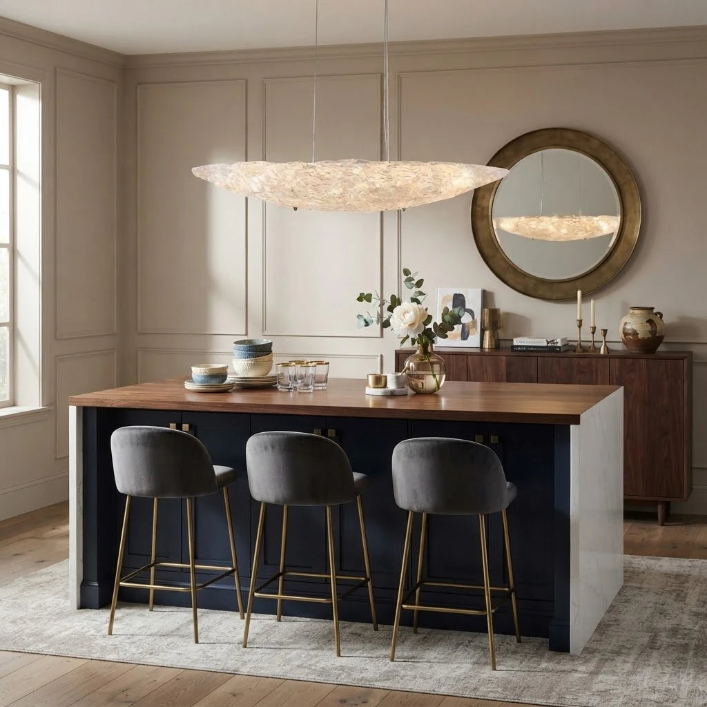 Modern Large Disc Art Glass Chandelier Over Kitchen Breakfast Bar