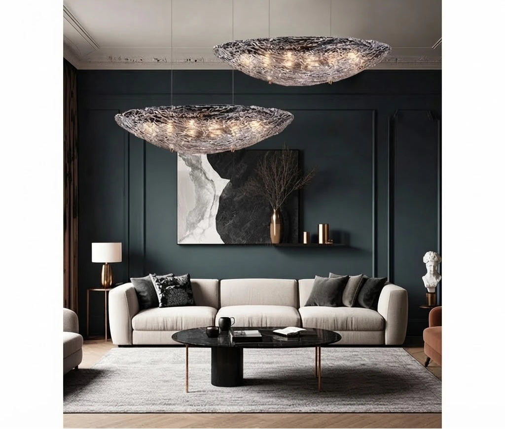 Modern Textured Art Glass Chandelier in Contemporary Living Space