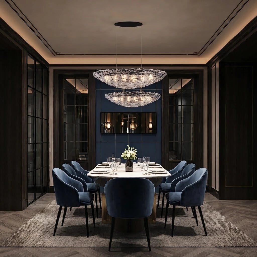 Modern Multi-Tier Large Disc Chandelier in Formal Dining Room