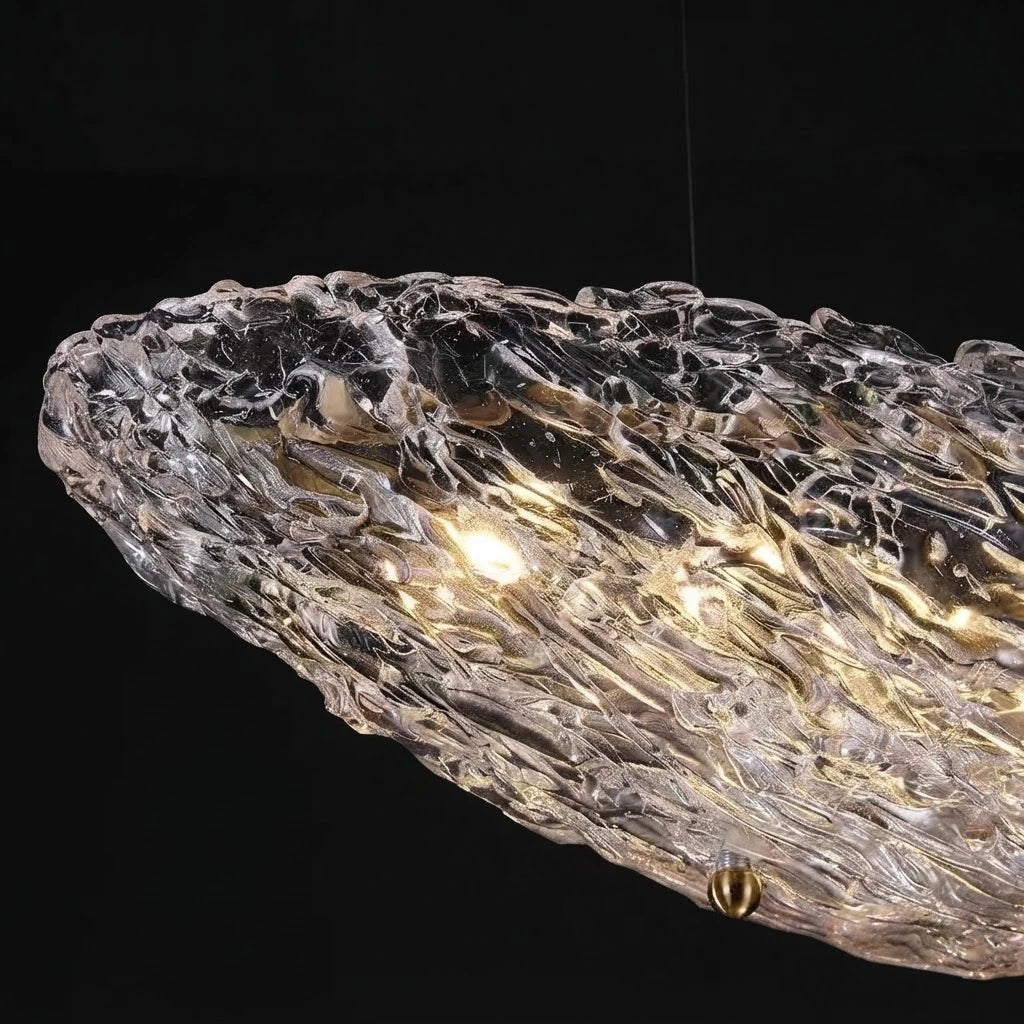 Close Up View of Textured Art Glass Shade and Internal Bulbs Structure