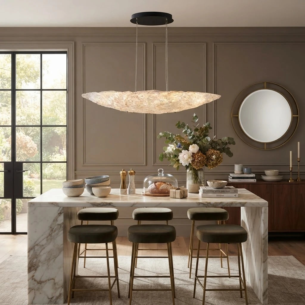 Modern Large Disc Art Glass Chandelier in Open Kitchen Dining Area