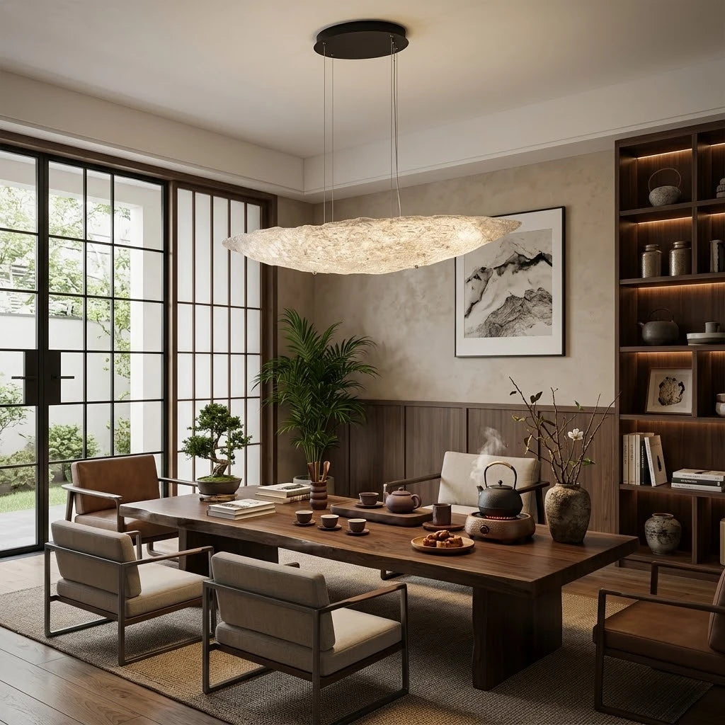 Modern Large Disc Art Glass Chandelier in Stylish Dining Setting