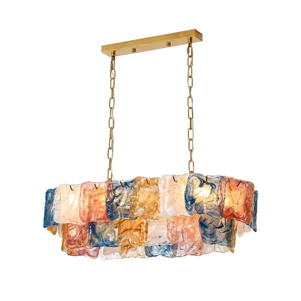 Modern Multi-Color Art Glass Rectangle Chandelier with Brass Chain on Pure White Background