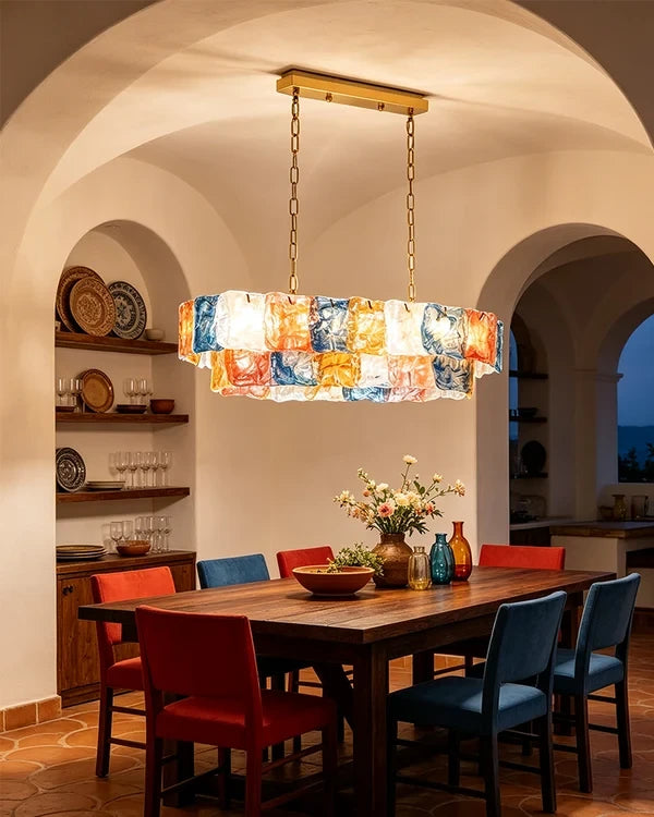 Modern Art Glass Chandelier in Archway Dining Space