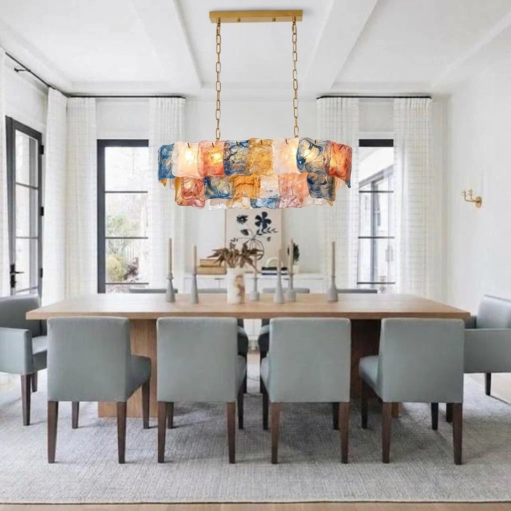 Modern Art Glass Rectangle Chandelier in Formal Dining Room