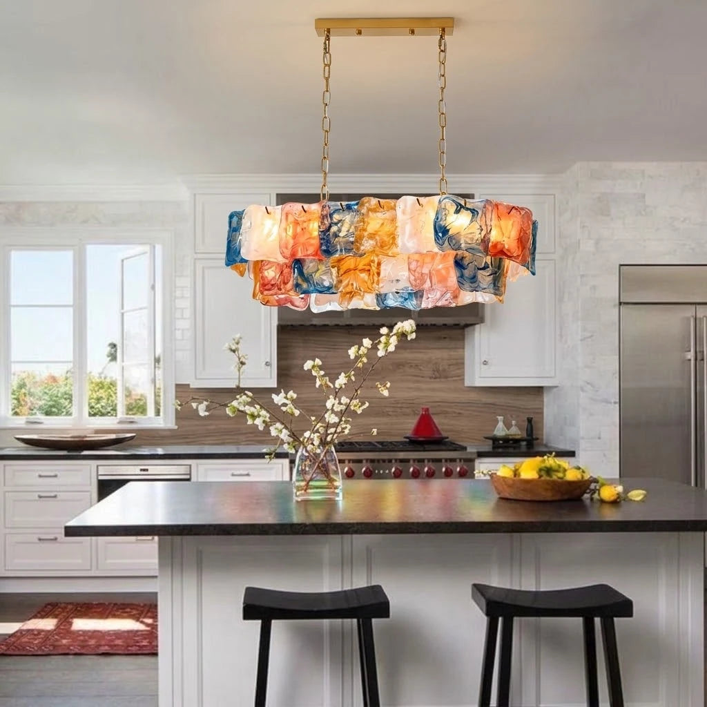 Modern Multi-Color Art Glass Chandelier Over Kitchen Island