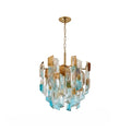 Modern Brass and Multi-Color Crystal Art Glass Chandelier with Gold Canopy on Pure White Background