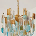 Angled View of Modern Brass Multi-Color Crystal Chandelier Studio Display