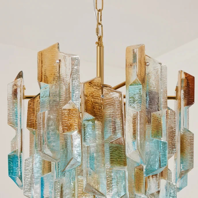 Angled View of Modern Brass Multi-Color Crystal Chandelier Studio Display